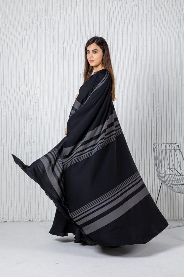Haya Striped Bisht Abaya - Black - Image 2