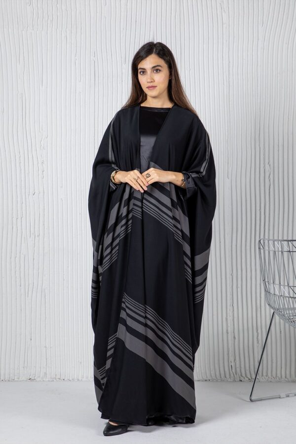 Haya Striped Bisht Abaya - Black - Image 3